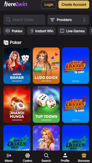 Here2Win mobile app: pokies lobby with the bottom menu on a phone screen