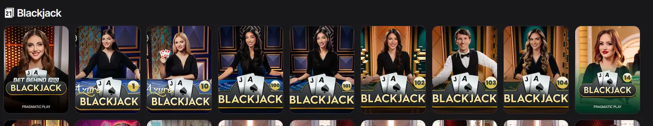 Here2Win live blackjack tables from Pragmatic Play including Bet Behind Pro Blackjack