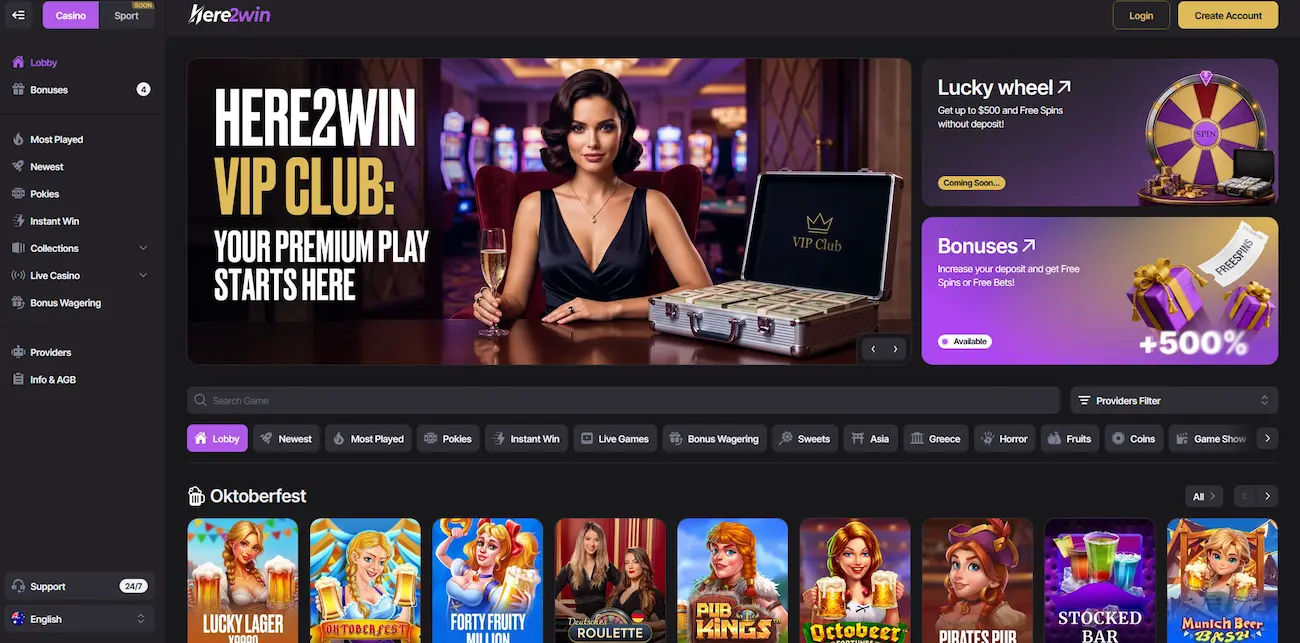 Here2Win online casino lobby for New Zealand players with pokies, live casino and bonuses menu