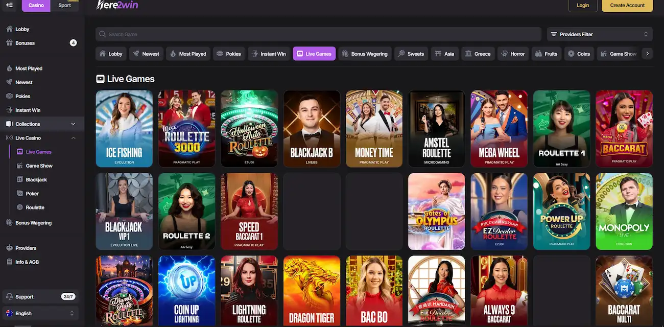 Here2Win live casino lobby with Ice Fishing, Mega Roulette 3000 and Evolution blackjack tables