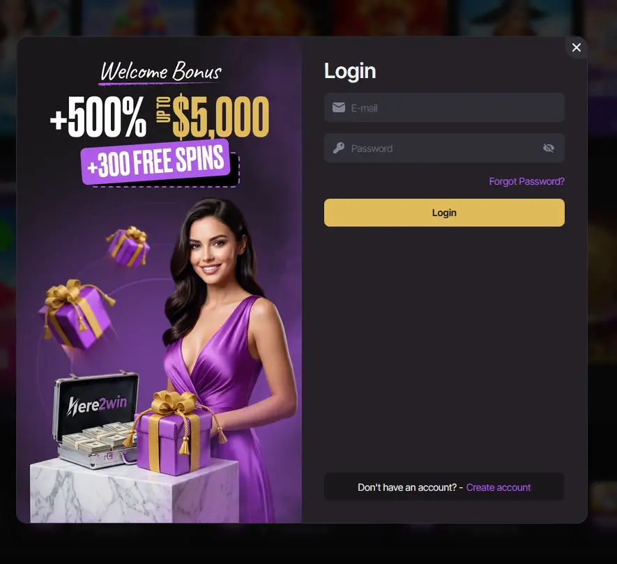 Here2Win login window with the +500% up to $5,000 and 300 free spins welcome bonus banner