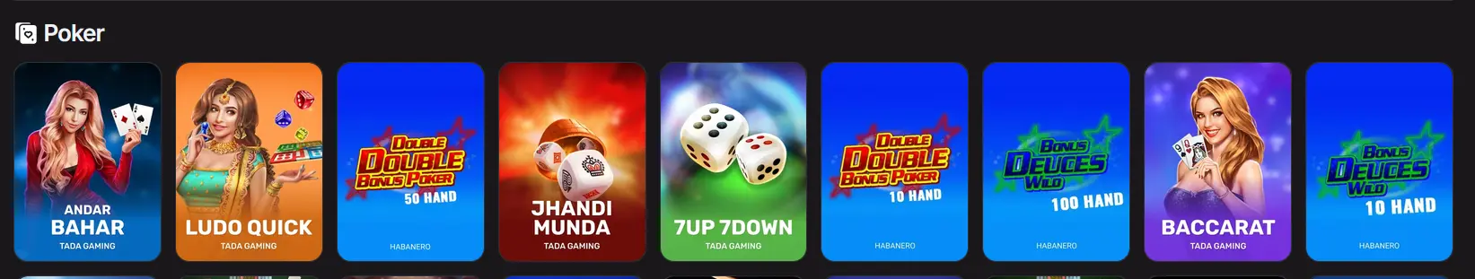 Here2Win poker section with Habanero video poker and Tada Gaming card games