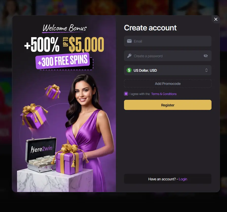 Here2Win create account form with email, password, currency choice and the welcome bonus offer