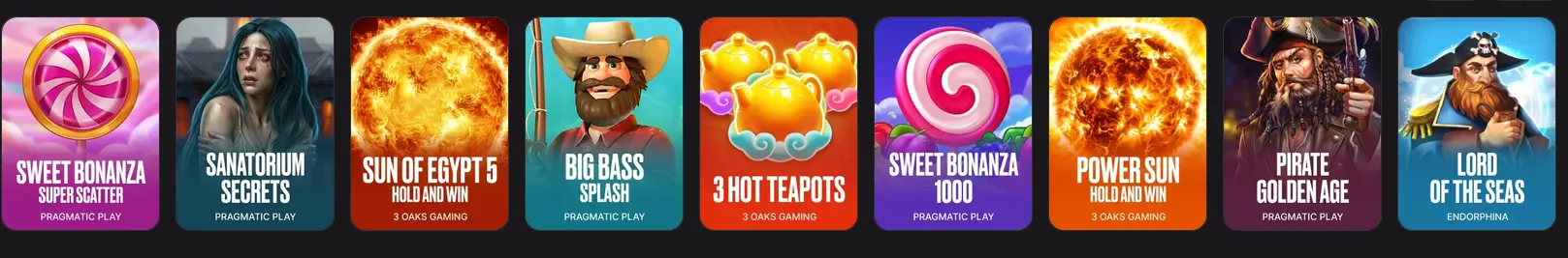 Here2Win pokies row with Sweet Bonanza Super Scatter, Big Bass Splash and Sweet Bonanza 1000 from Pragmatic Play